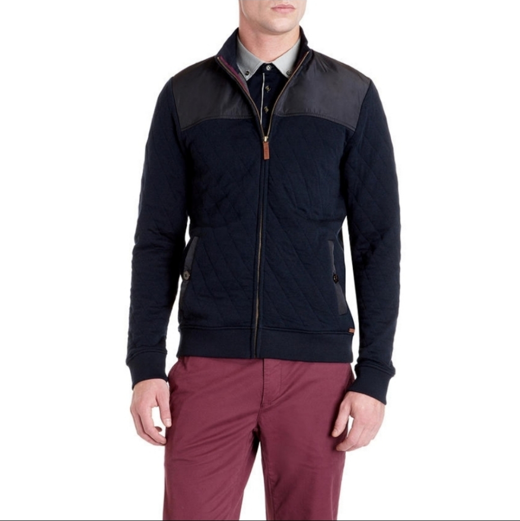 Ted Baker London Navy Quilted Knit Hybrid Sweater Jacket Zip Up Size L 4 Cotton